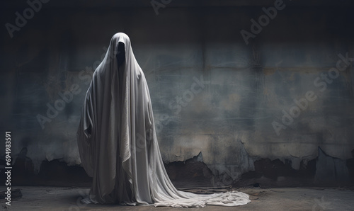 Mysterious figure shrouded in a flowing white sheet stands against a grungy wall, evoking ghostly specters in a dark, haunting atmosphere