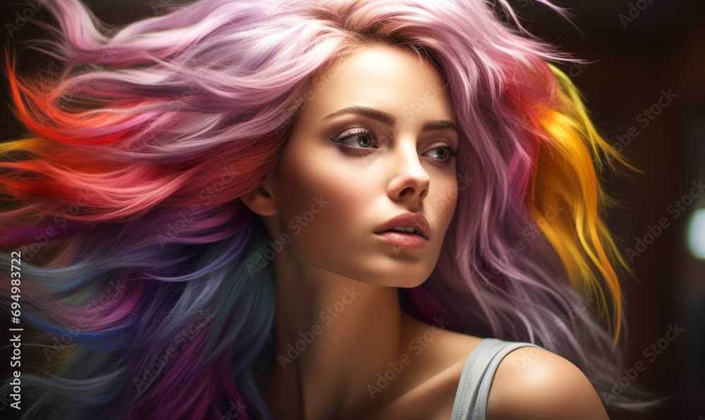 Sensual woman with radiant rainbow-colored hair flowing dynamically, her gaze intense and thoughtful, embodying creativity and diversity