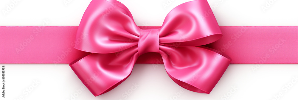 Bright pink ribbon with bow knot closeup, isolated on white background created with Generative Ai