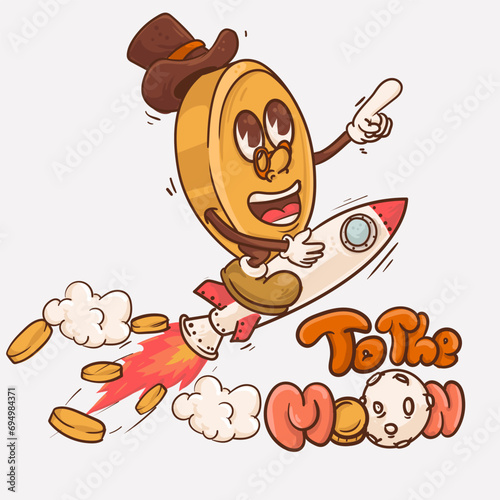 to the moon concept. money with face macot cartoon character ride space rocket vector illustration