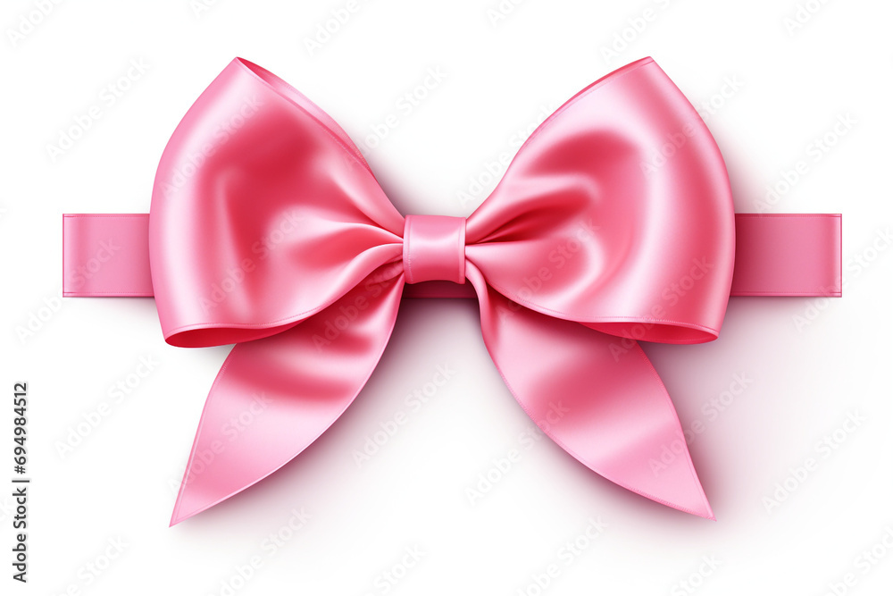Bright pink ribbon with bow knot closeup, isolated on white background created with Generative Ai