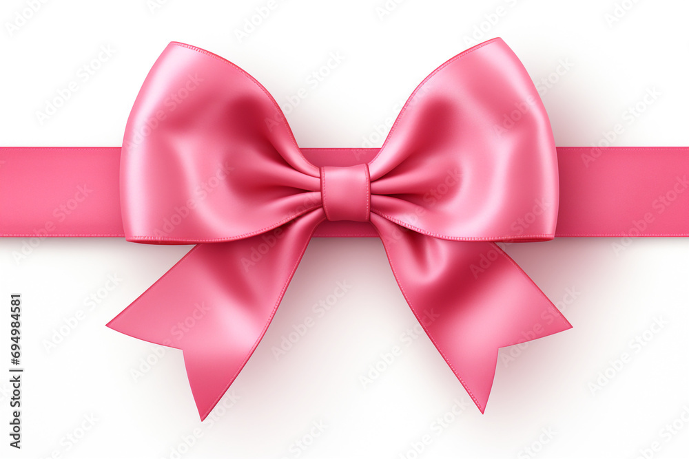 Bright pink ribbon with bow knot closeup, isolated on white background created with Generative Ai
