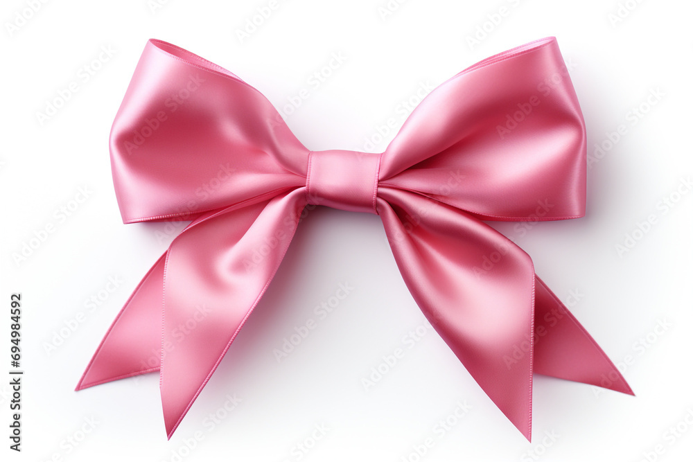 Bright pink ribbon with bow knot closeup, isolated on white background created with Generative Ai