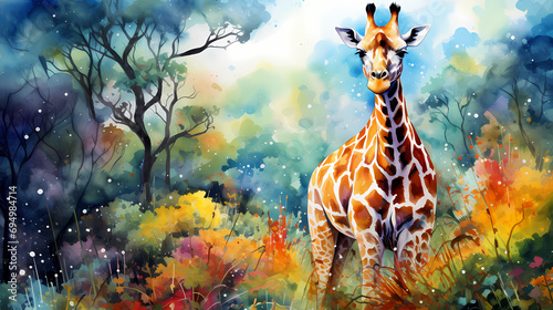 Watercolor painting of a giraffe in the wild with dynamic strong brush strokes, vibrant colors, and abstract colors, illustration