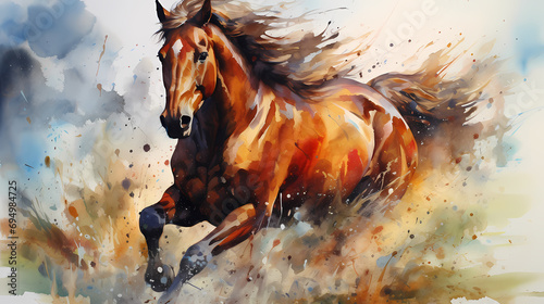 Watercolor painting of a horse on a farm with dynamic strong brush strokes, vibrant colors, and abstract colors, illustration photo