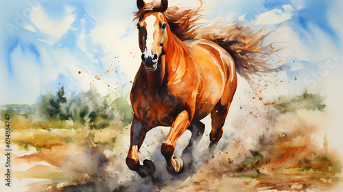 Watercolor painting of a horse on a farm with dynamic strong brush strokes, vibrant colors, and abstract colors, illustration