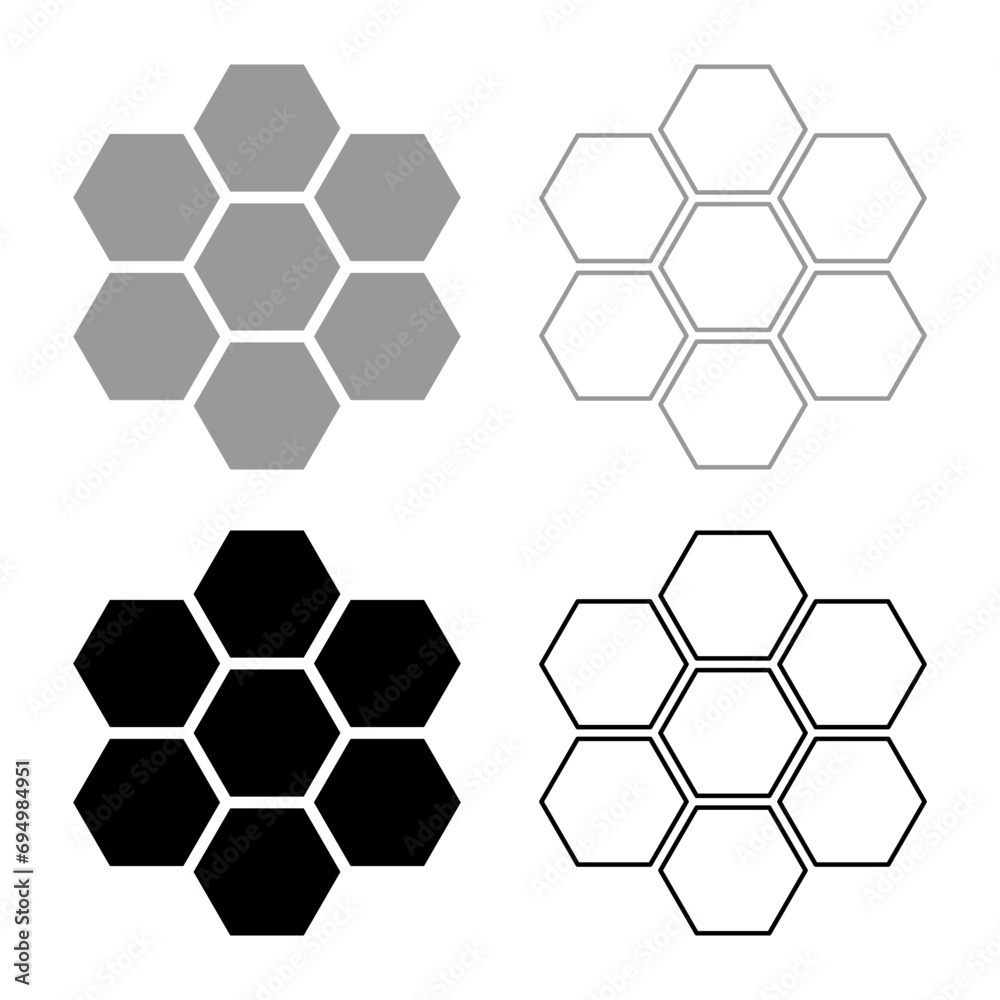 Hexagonal technology concept hexagon six items bee sota geometry six sided polygon set icon grey black color vector illustration image solid fill outline contour line thin flat style
