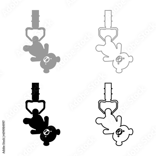 Prize toy manipulator hold plush bear cute doll iron hook crane claw picker for pick up set icon grey black color vector illustration image solid fill outline contour line thin flat style