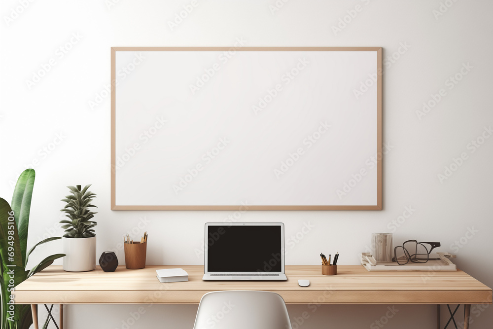 Empty vertical frame in modern luxury home office setting with laptop, office supplies, and table lamp Empty vertical frame in modern luxury home office setting with laptop, office supplies, and table lamp