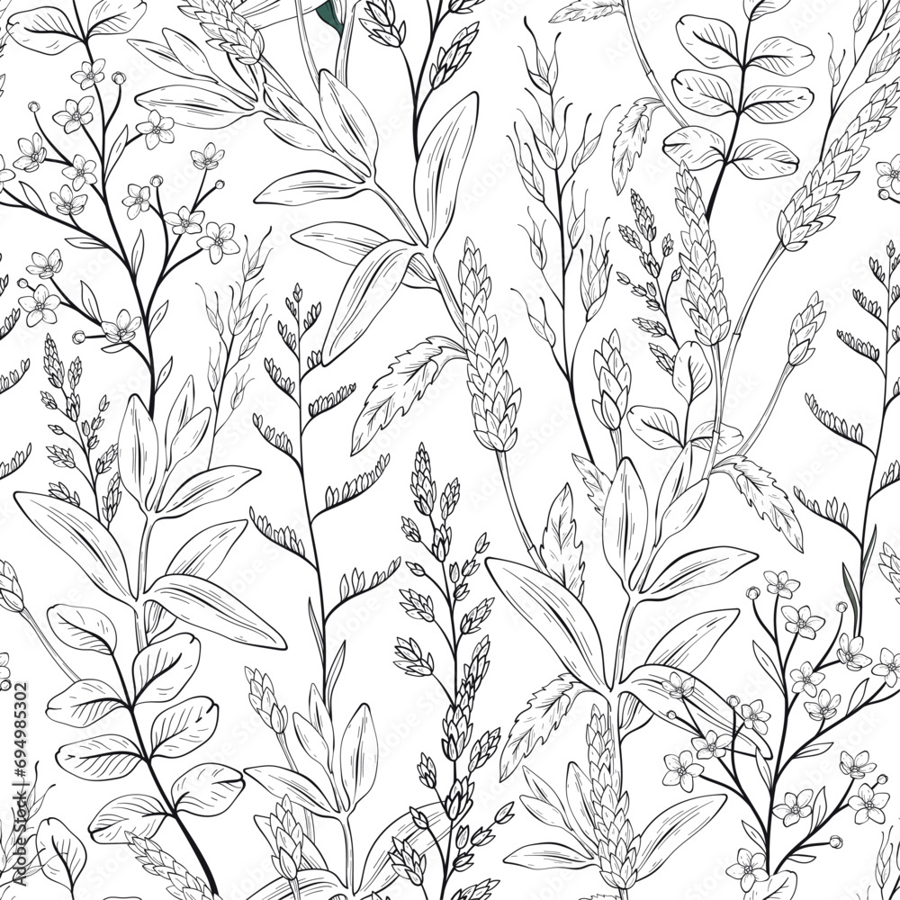 Seamless black and white pattern with wild herbs Seamless black and white pattern with wild herbs
