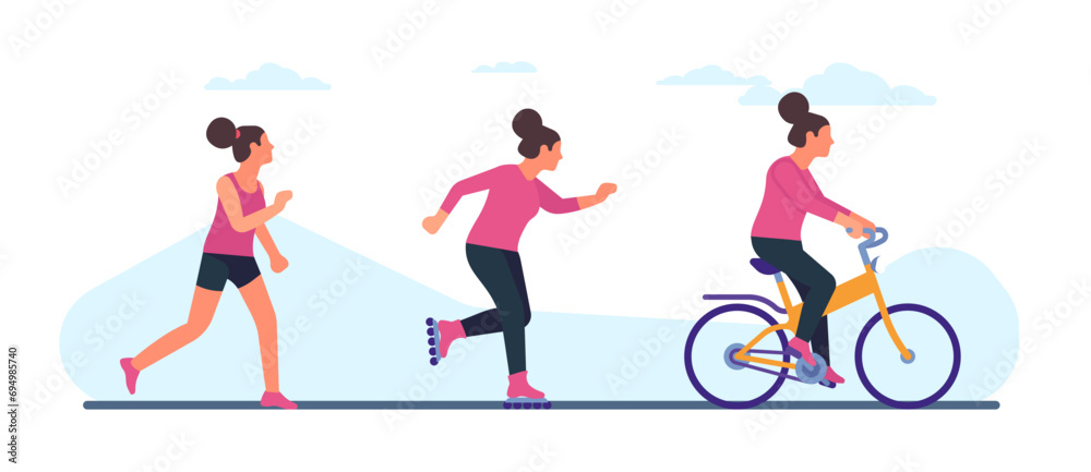 Fototapeta premium Active woman involved in sports. Young female running, rollerblading and bicycling. Athletic training. Jogging in park. Roller skating. Girl on bicycle. Outdoor workout. Vector concept