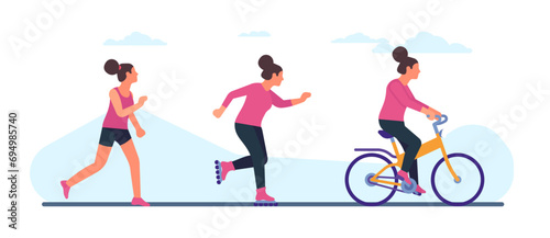 Active woman involved in sports. Young female running  rollerblading and bicycling. Athletic training. Jogging in park. Roller skating. Girl on bicycle. Outdoor workout. Vector concept