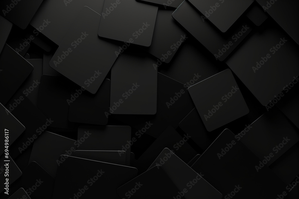 3d render, abstract black geometric background, minimal flat lay, twisted deck of square blank cards with rounded corners created with Generative Ai