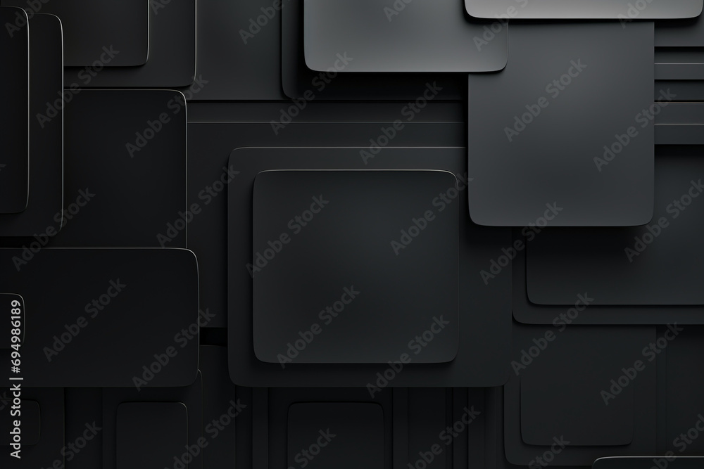 3d render, abstract black geometric background, minimal flat lay, twisted deck of square blank cards with rounded corners created with Generative Ai - obrazy, fototapety, plakaty 