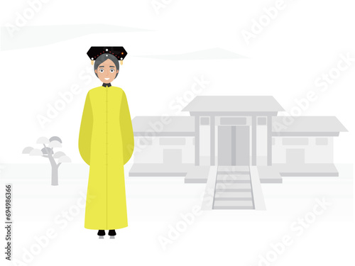 Ancient Chinese cartoon woman and ancient buildings