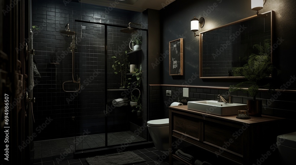 The noir-themed bathroom in Nordic Noir Sleeping Nook, featuring dark tiles, matte fixtures, and subtle lighting, offering a stylish and enigmatic space for self-care. The noir-themed bathroom in Nordic Noir Sleeping Nook, featuring dark tiles, matte fixtures, and subtle lighting, offering a stylish and enigmatic space for self-care.