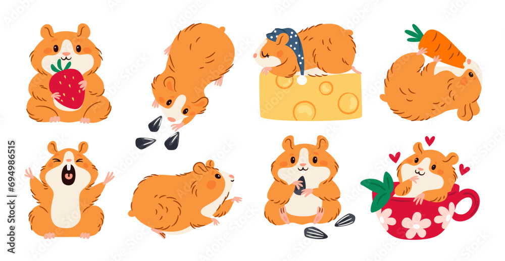 Cute hamster. Little animal. Rodent mascot. Different actions and poses. Domestic rat eats seeds or cheese. Pet holding strawberries and carrots. Adorable mammal in cup. Garish vector set