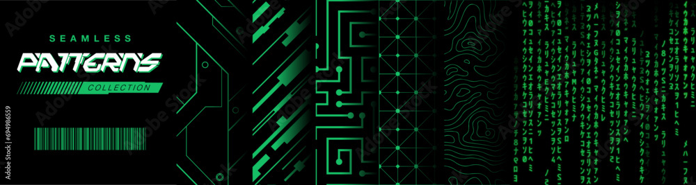 Conjunto de colección de patrones sin fisuras Cyberpunk, efecto de falla, placa base, circuito integrado, mapa de contorno, mosaico decorativo del futuro. Materiales para prendas de vestir, prendas de