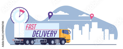 Fast delivery. Cargo truck transportation. Quickly goods shipping. Transport route. Freight logistics. City auto traffic. Courier express service. Order shipment tracking. Vector concept