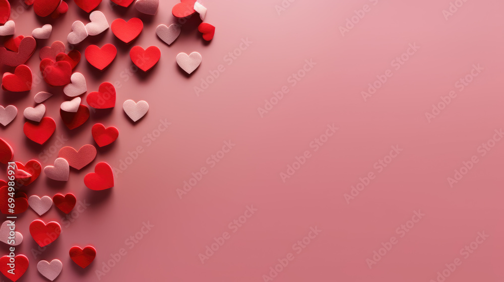 Red and pink fabric hearts scattered across a soft pink background