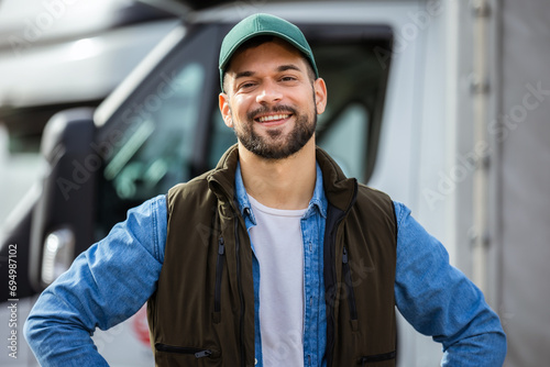 Happy confident male driver standing in front on his truck photo
