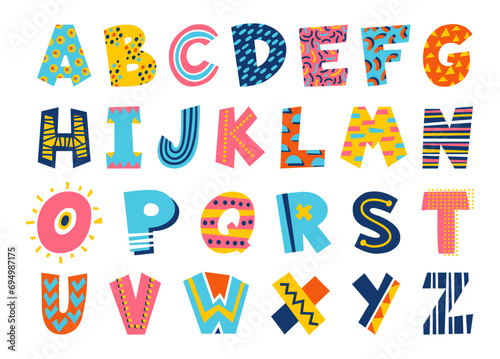 Funny kids font. Bright colorful ABC. Childish alphabet shapes. English letters with doodle patterns. Decorative playful icons for education. Children text symbols. Recent vector set