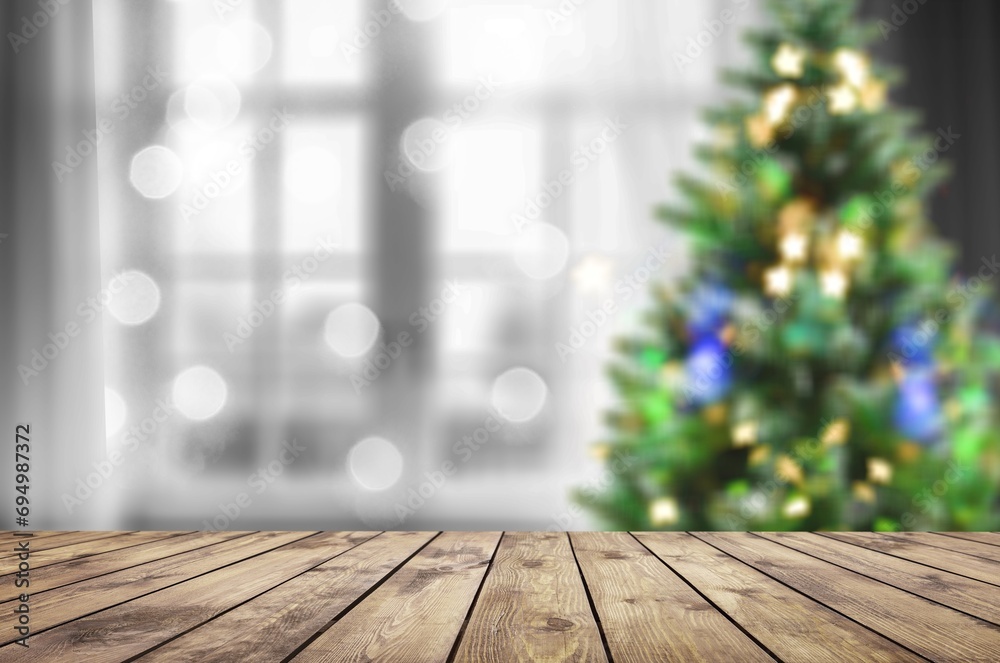 Empty table at room with christmas tree Empty table at room with christmas tree