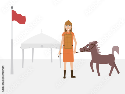 Cartoon ancient Chinese soldiers standing in the barracks holding a horse