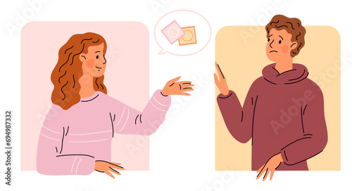 Girl reminds guy about safe sex. Sexual education. Condom protection. Couple relationship. Pregnancy prevention. Contraception reminder. Lovemaking safety. People love. Vector concept photo