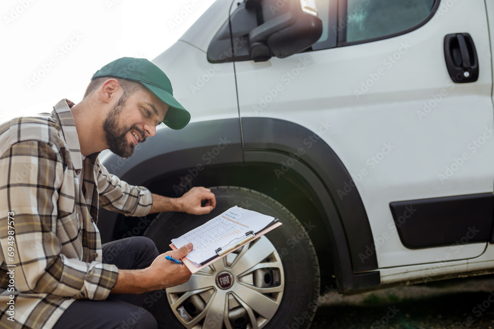 Young handsome man checking if he did all his delivery on a paper. Young handsome man checking if he did all his delivery on a paper.