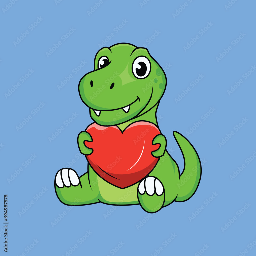 Obraz premium Cute dinosaur holding big heart Cartoon Sticker vector Stock Illustration