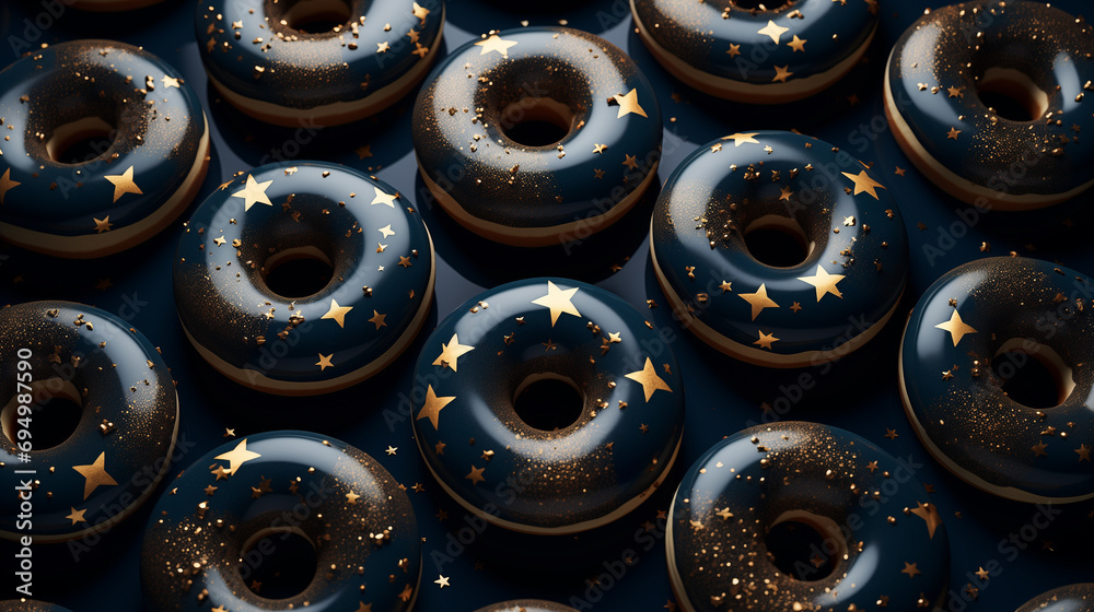 glossy stylish donuts in dark blue color with gold stars galaxy patterns