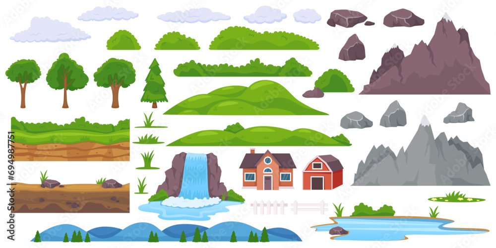 Landscape elements constructor. Natural objects of different geographical zones. Various trees or rocks. River waterfall. Scenic mountain and hills. Countryside house. Recent vector set