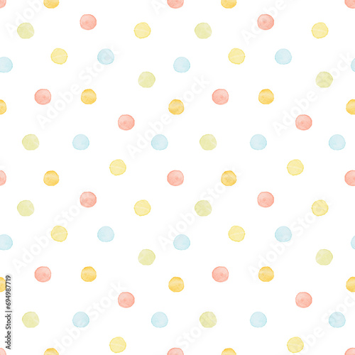 Seamless pattern with multicolored geometric shape round polka dot isolated on white background. Watercolor hand drawn illustration sketch photo