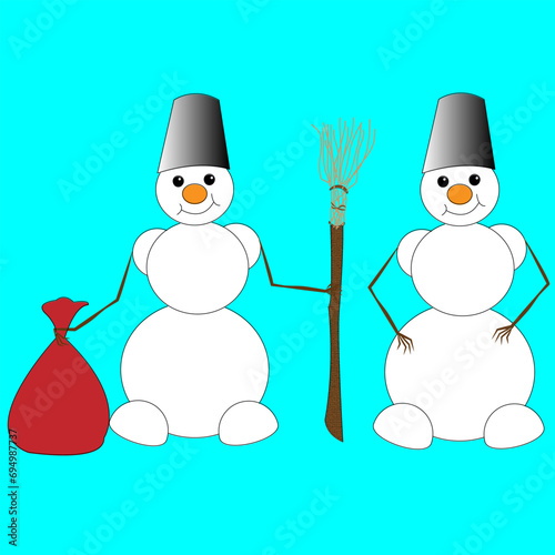 Smiling cartoon snowman. A child's character holds a bag with gifts in one hand and a broom in the other. The second snowman stands with empty wooden hands and a bucket on his head instead of a hat. photo