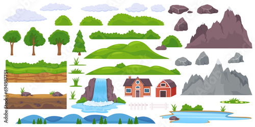 Landscape elements constructor. Natural objects of different geographical zones. Various trees or rocks. River waterfall. Scenic mountain and hills. Countryside house. Recent vector set photo