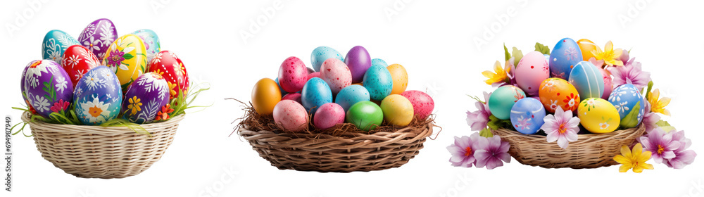 Easter eggs in a basket, different versions, isolated on white background or transparent