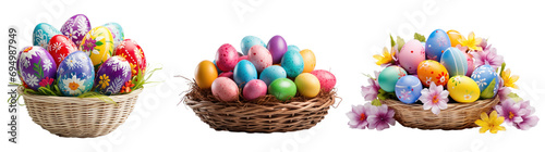 Easter eggs in a basket, different versions, isolated on white background or transparent