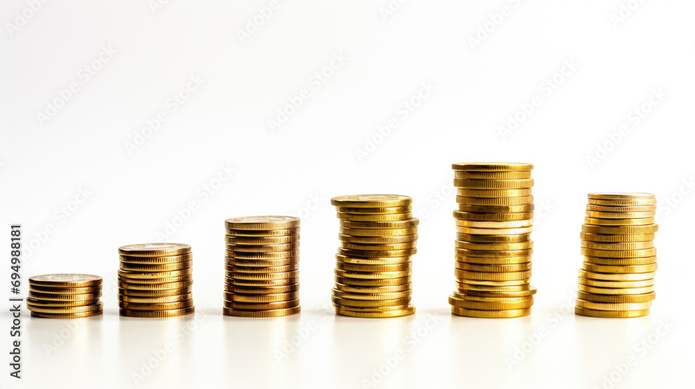 Several stacks of gold coins in different heights arranged from tallest to shortest against a white background Several stacks of gold coins in different heights arranged from tallest to shortest against a white background