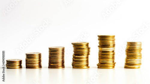 Several stacks of gold coins in different heights arranged from tallest to shortest against a white background