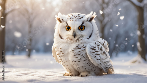 looking white owl in a snowy park
