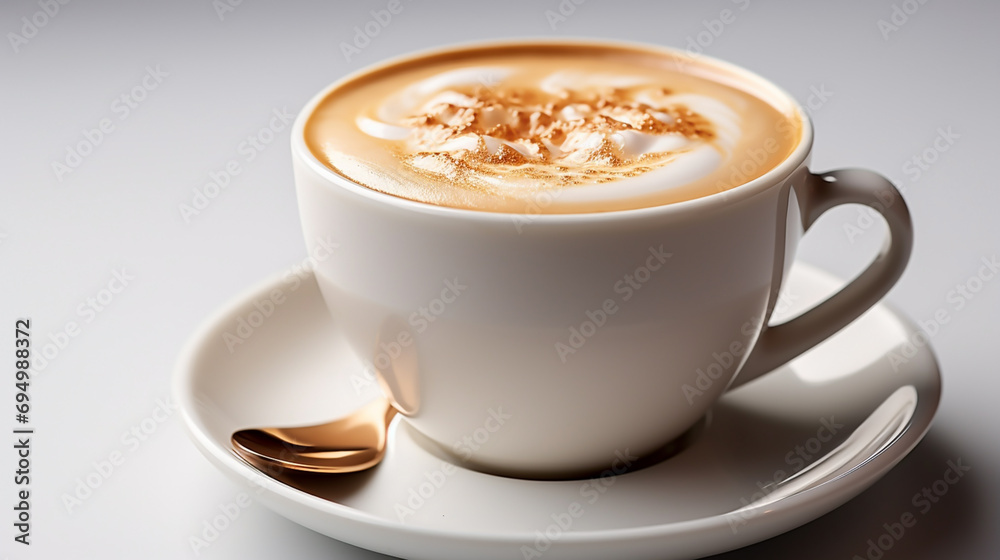 Wide panoramic top view photo of a Cappuccino coffee cup with cream design on it and a spoon on the saucer in white background Wide panoramic top view photo of a Cappuccino coffee cup with cream design on it and a spoon on the saucer in white background