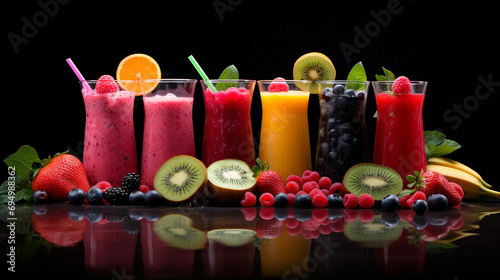 An artistic presentation of smoothies and fruits, beautifully arranged on a simple surface, highlighting gastronomy against an unusual backdrop. Illustration for advertising.