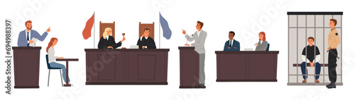 People in judicial system. Courtroom elements. Law representatives. Jurors and lawyers at tribunes. Prosecutor, accused or judge. Attorneys in lawsuits. Crime in cell. Garish vector set