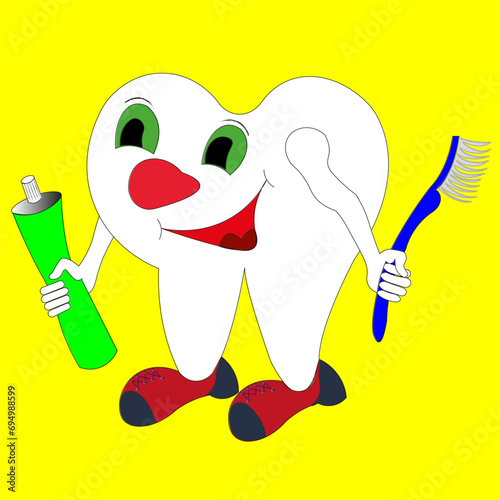 Cartoon tooth smiling and holding a toothbrush and toothpaste in his hands. Tooth logo, standing in red sneakers.