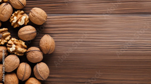 Walnuts kernels on dark desk with color background, Whole walnut in wooden table, flatlay, top view