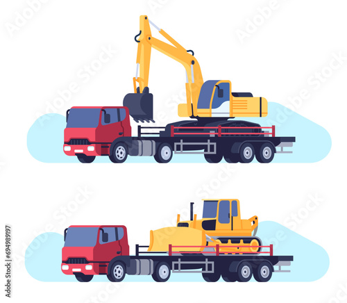 Truck carrying construction equipment. Lorry for excavator and bulldozer shipping. Transport logistics. Industrial vehicle traffic. Cargo automobile. Building machine. Vector concept