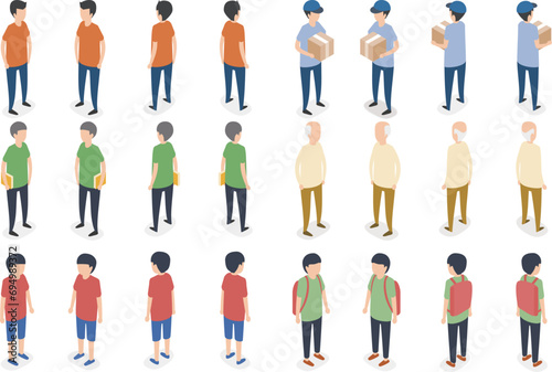Multi angle cartoon character courier old man and student