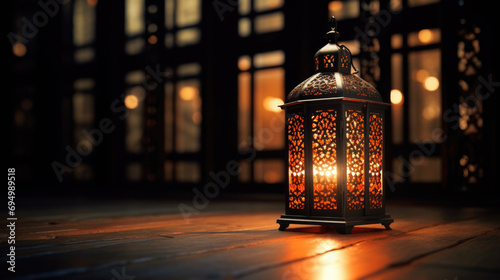 Traditional ornate lantern with a lit candle inside is placed on a wooden surface against the blurred backdrop. Ramadan celebration.