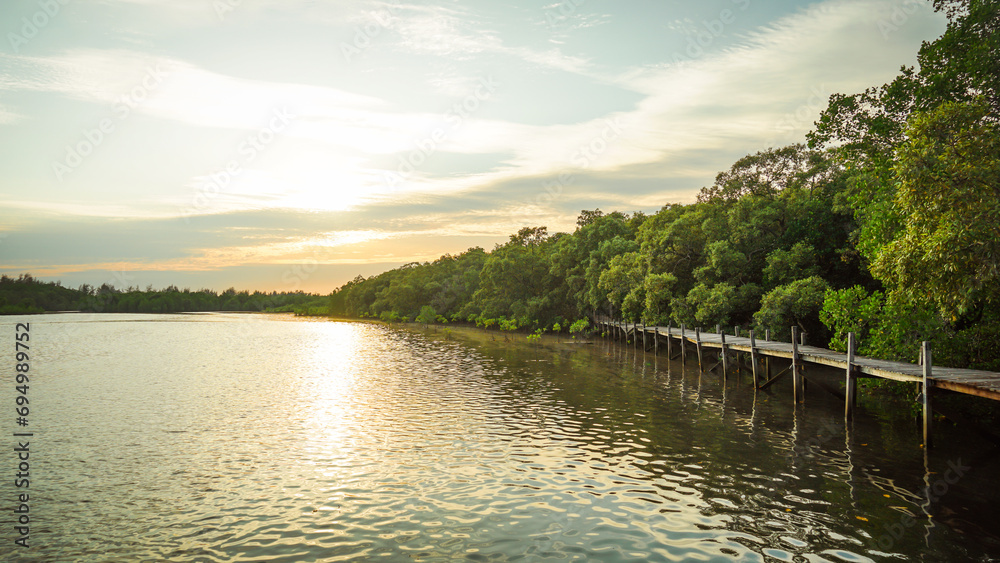 Wooden bridge at Tung Prong Thong,Golden Mangrove Field in sunset, Pra Sae, Rayong, Thailand. wooden bridge in a mangrove forest. Wooden bridge at Tung Prong Thong,Golden Mangrove Field in sunset, Pra Sae, Rayong, Thailand. wooden bridge in a mangrove forest.